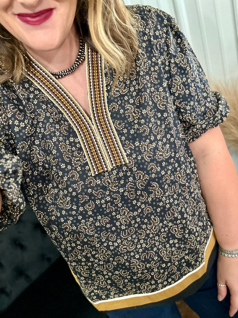 Black Floral Block Hem Top