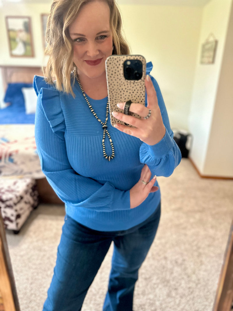 Blue Ruffle Shoulder Sweater