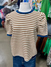 Tan Striped Top with Teal Trim