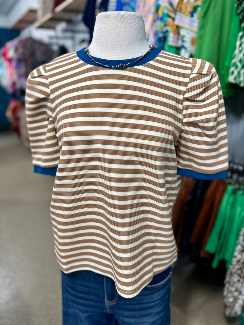 Tan Striped Top with Teal Trim
