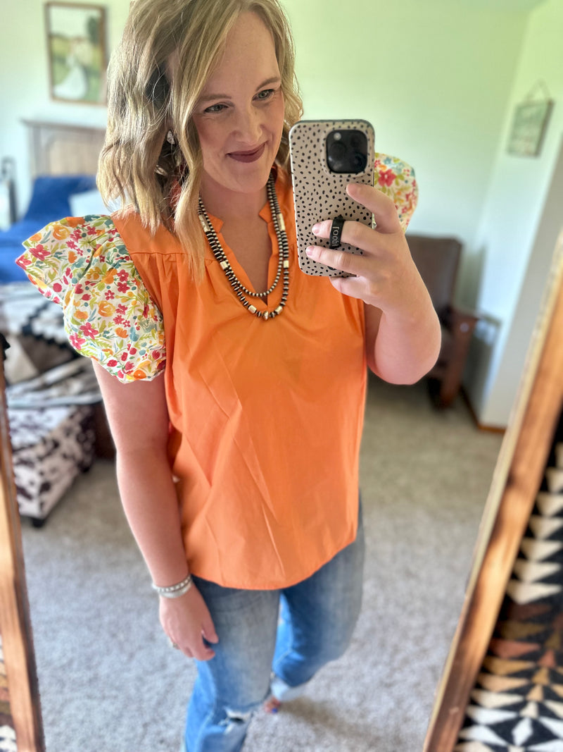 Tangerine Floral Sleeve Top