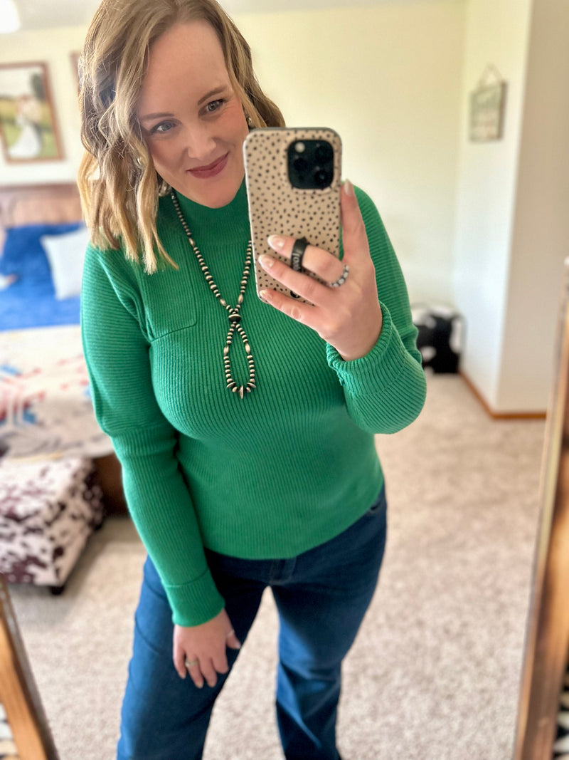 Green Ribbed Mock Neck Sweater