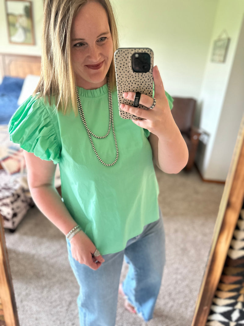 Mint Pleat Sleeve Mock Neck Top