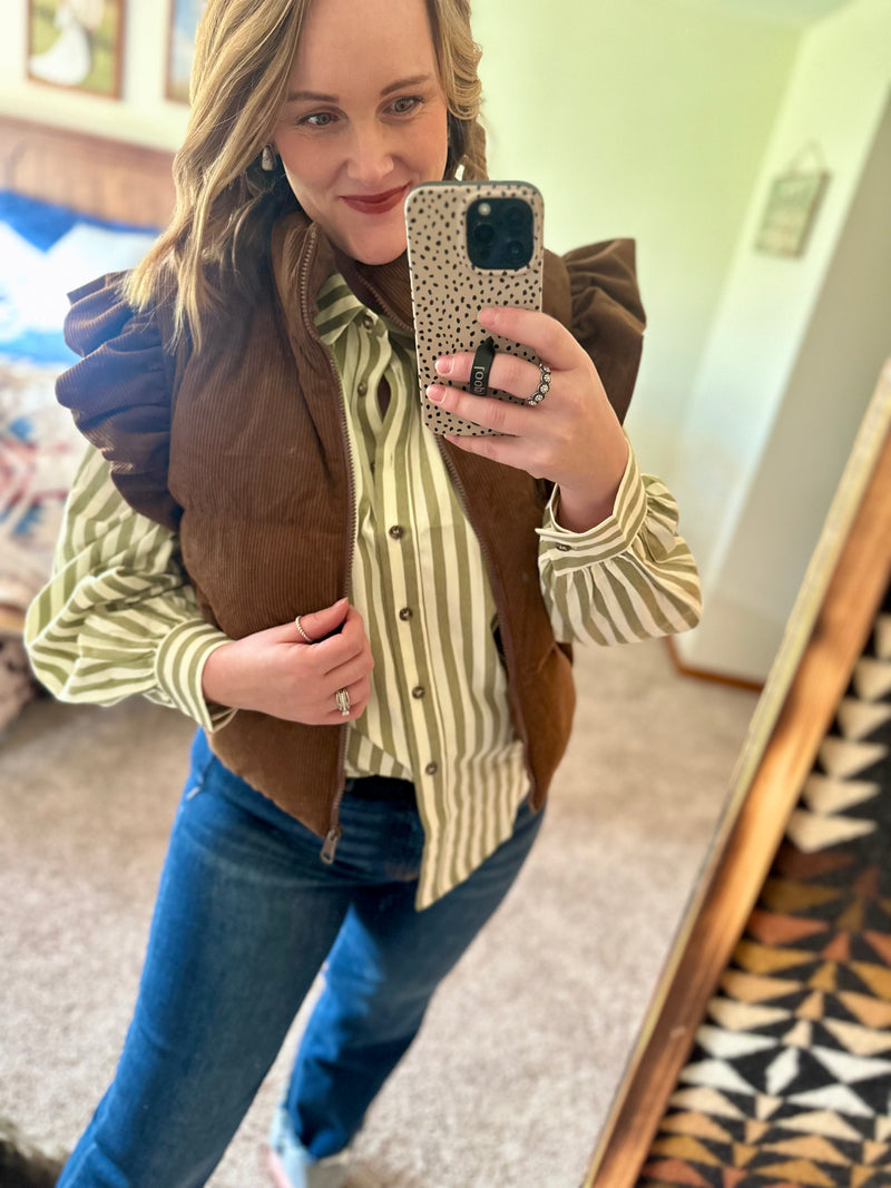 Brown Corduroy Ruffle Sleeve Vest