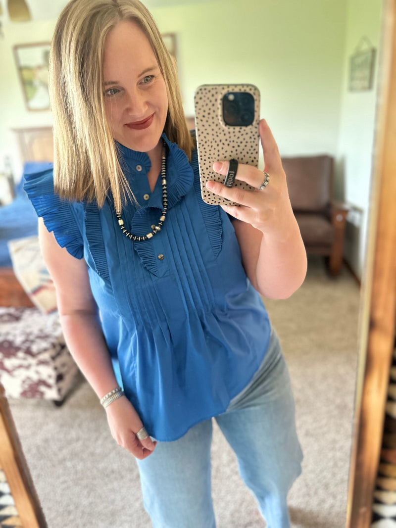 Blue Pleated Ruffle Sleeve Top
