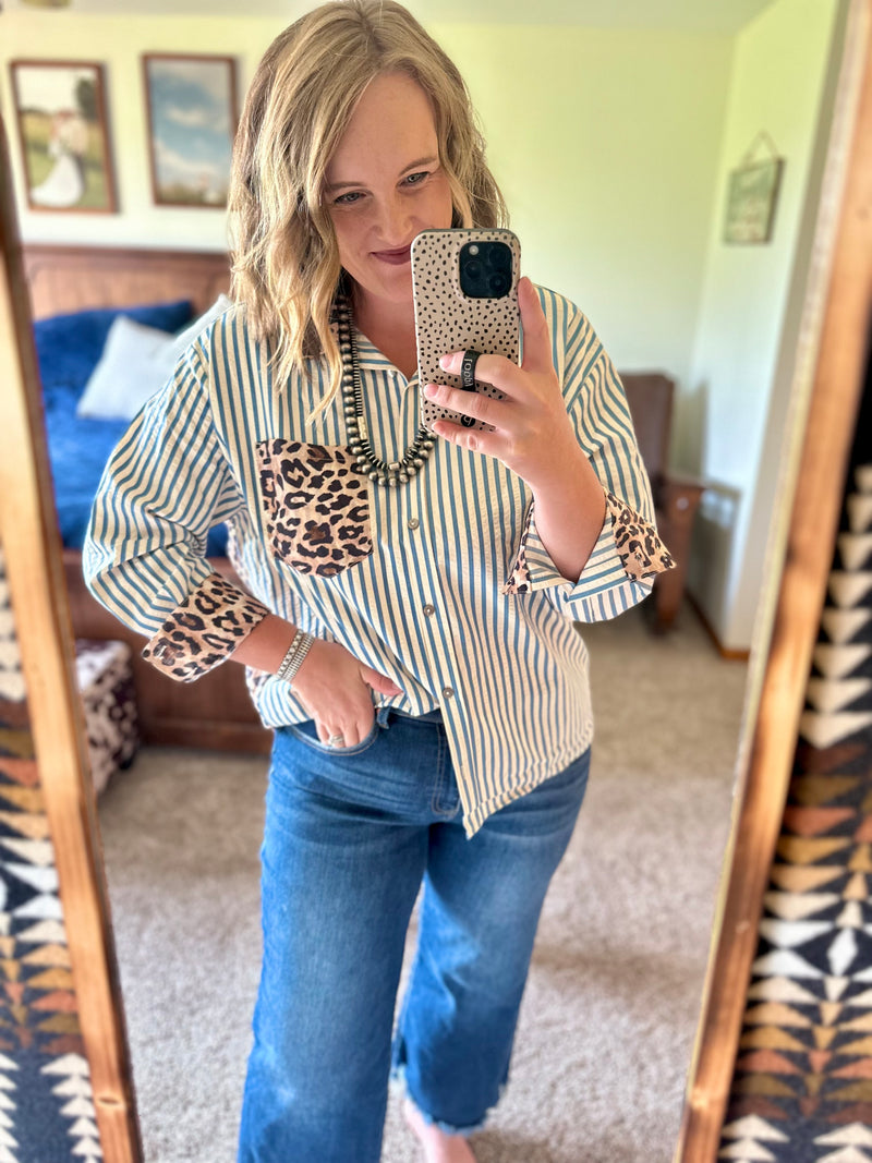 Chambray Striped Leopard Detail Button Up