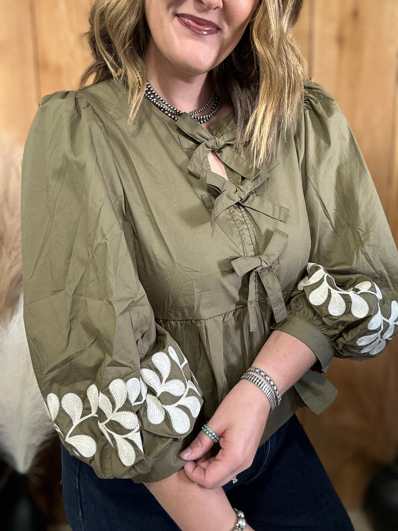 Olive Embroidered Sleeves Bow Tie Top