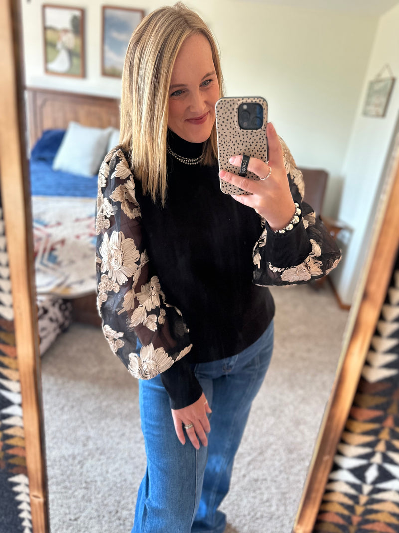 Floral Sheer Sleeve Sweater Top