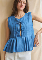 Denim Pleated Bow Tie Top