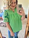 Green Checker Embroidered Sleeves Top