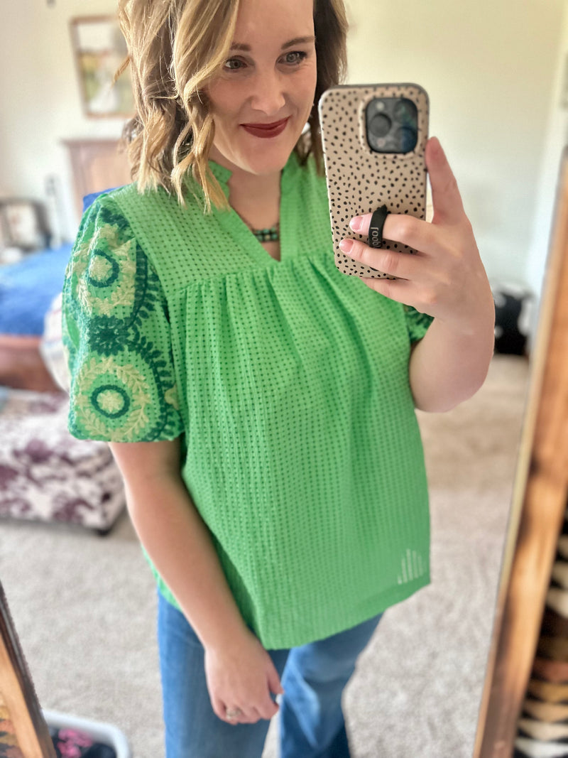 Green Checker Embroidered Sleeves Top