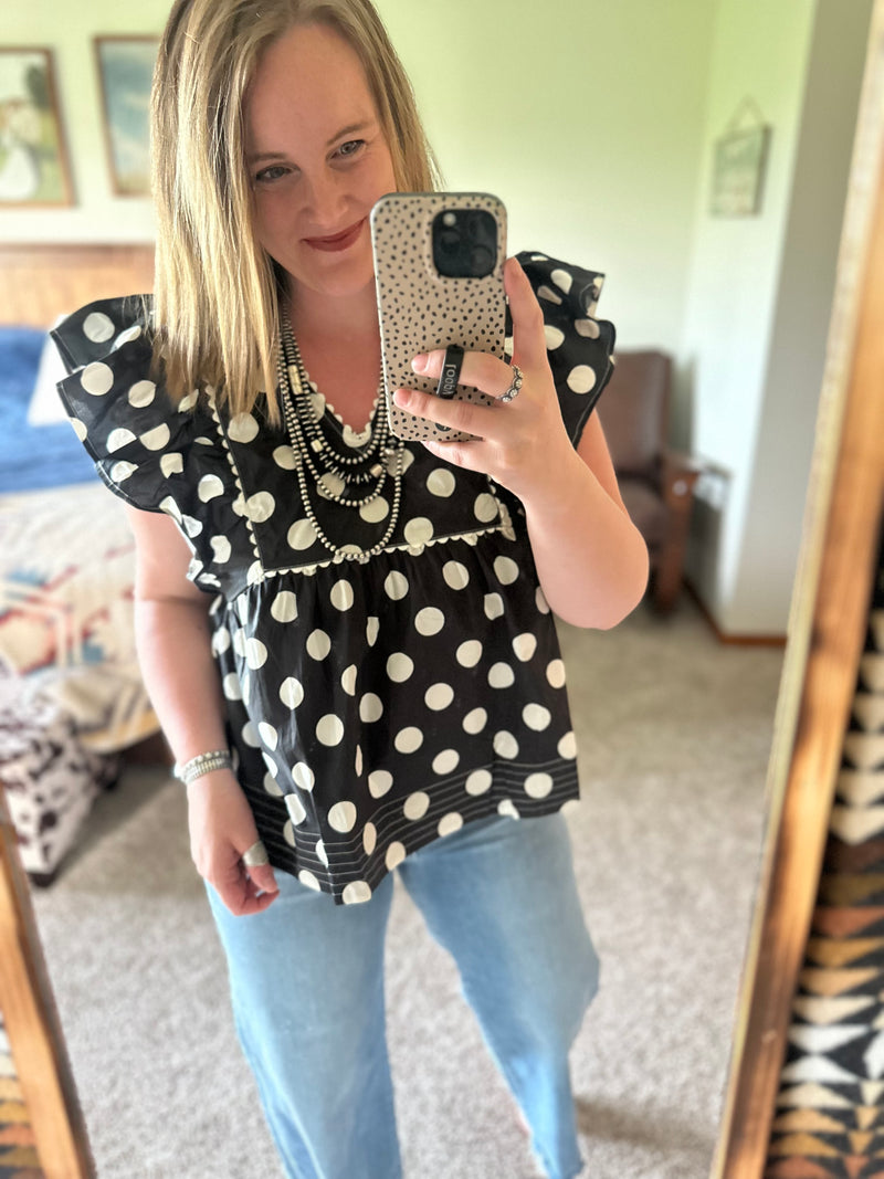 Black Polka Dot Flutter Sleeve Top