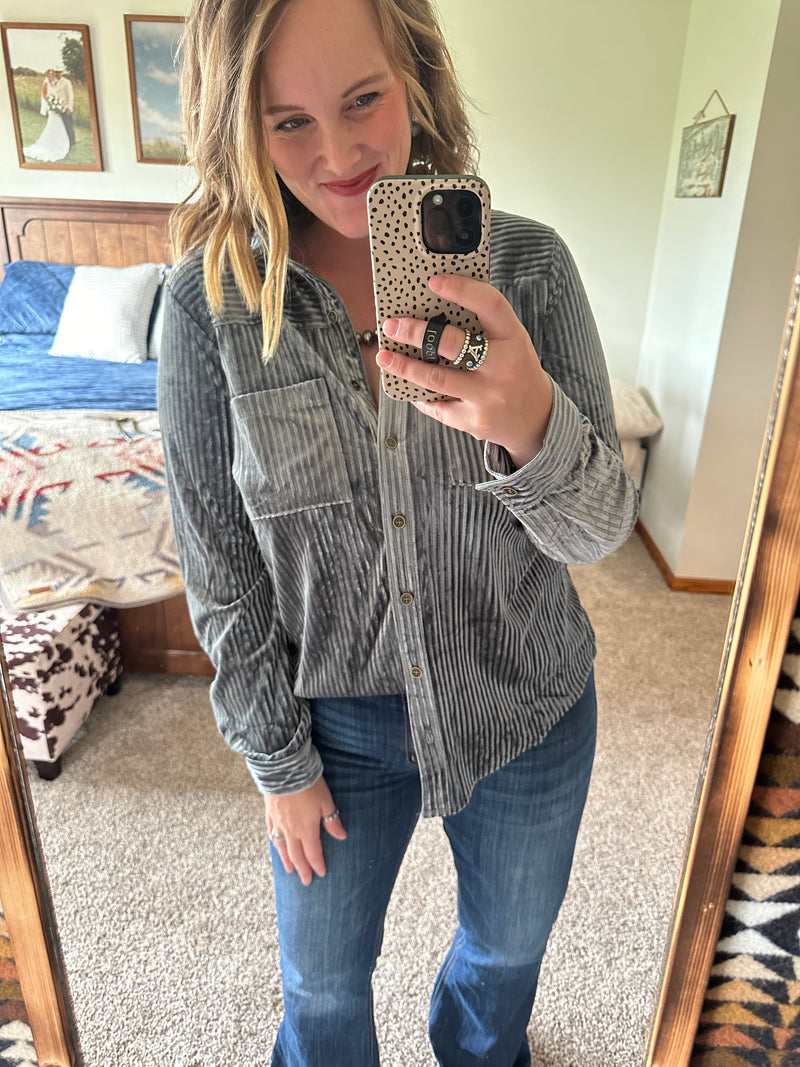 Velvet Button Down Top - Gunmetal