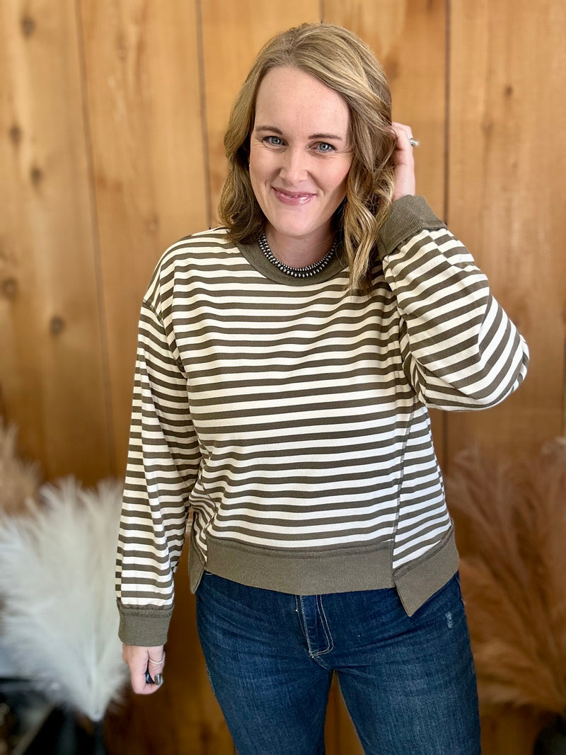 Olive Striped Sweatshirt Top