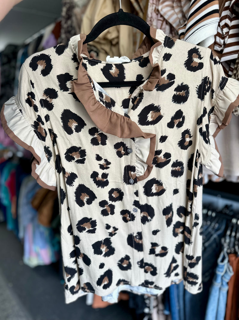 Leopard Ruffled Button Up Top