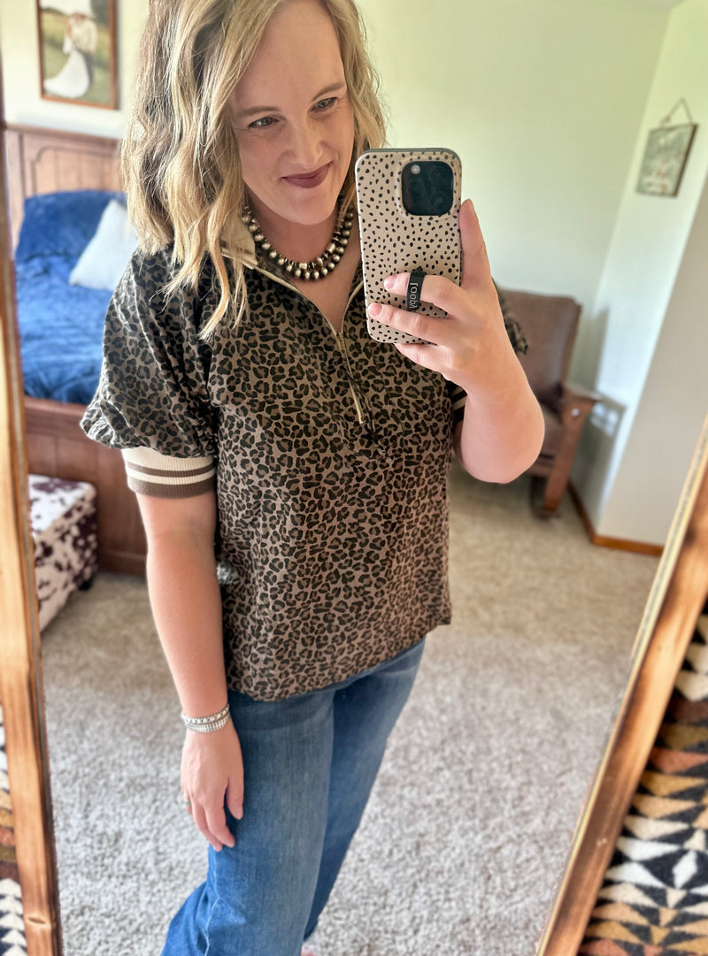 Mocha Leopard Puff Sleeve Half Zip Up