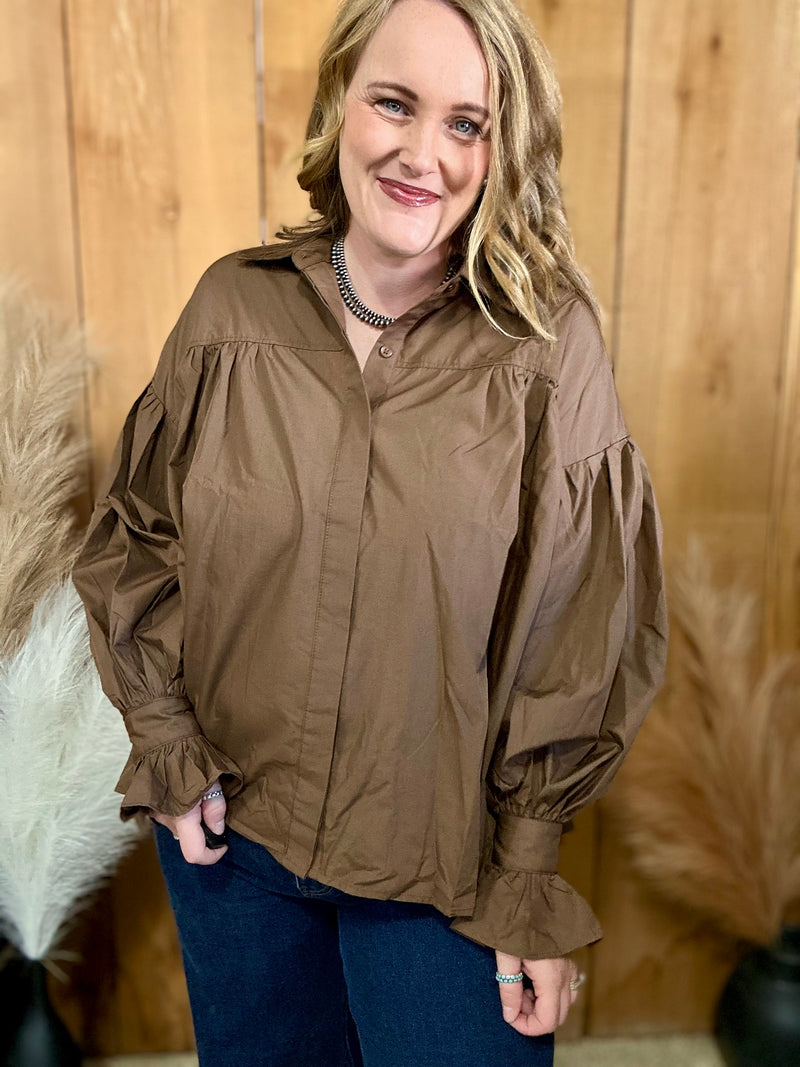 Brown Puff Sleeve Button Down Top
