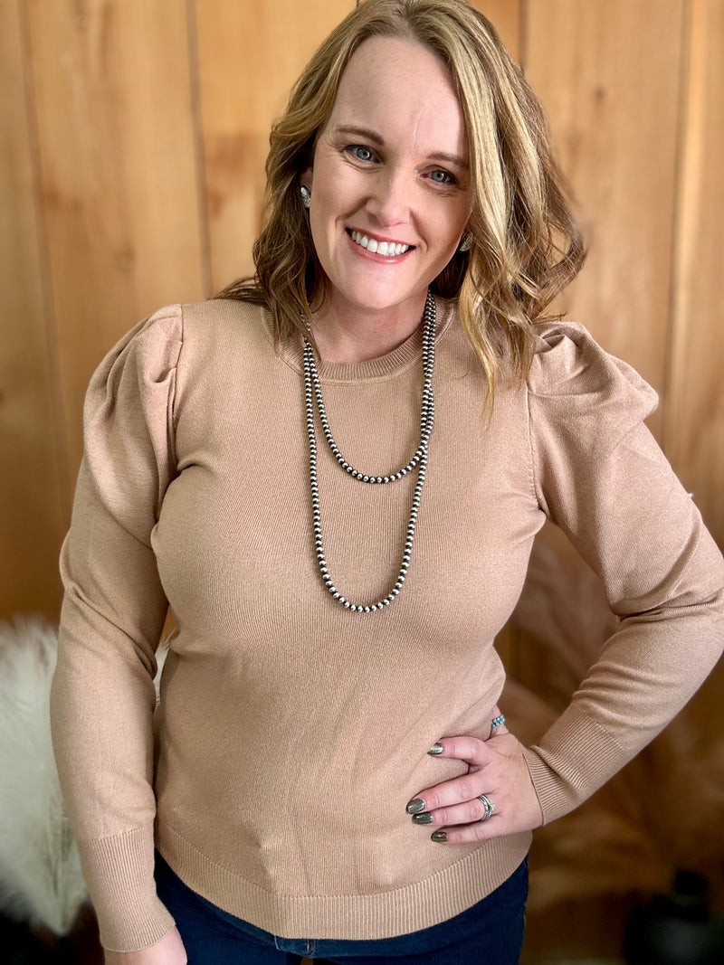 Tan Puff Shoulder Lightweight Sweater