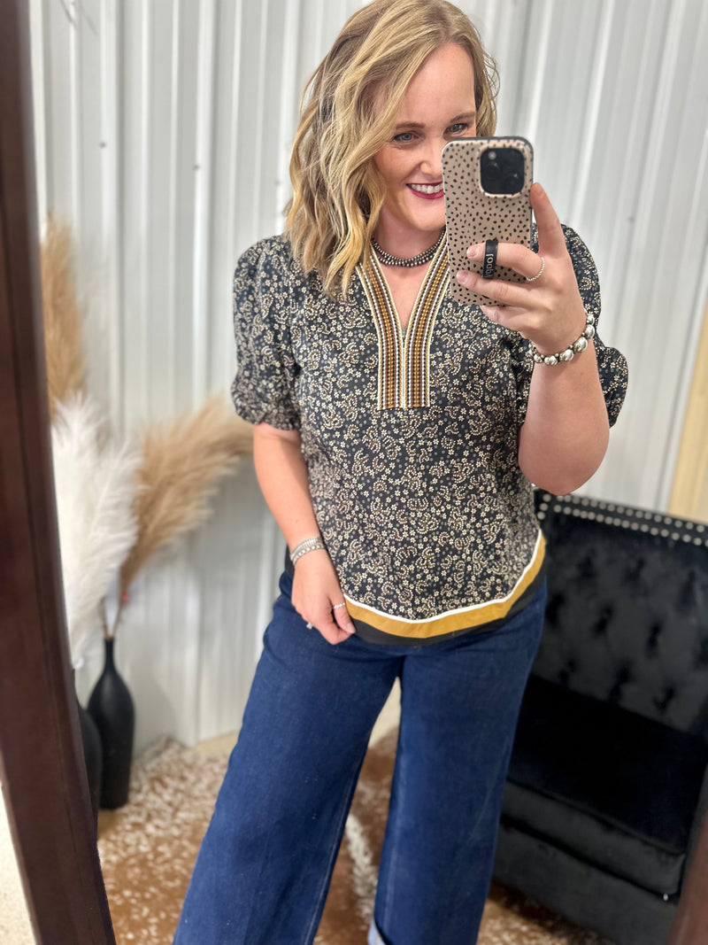 Black Floral Block Hem Top