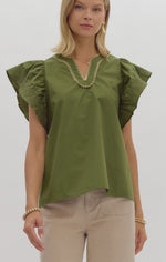 Olive Stitched Ruffle Sleeve Top