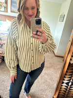 Olive Stripe Button Down Balloon Sleeve Top