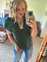 Leopard Trim Puff Sleeve Top - Dark Green