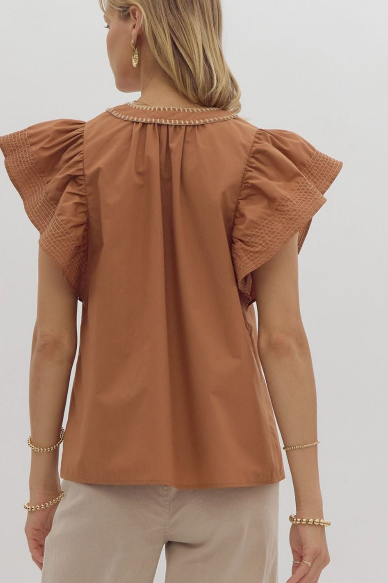 Caramel Stitched Ruffle Sleeve Top