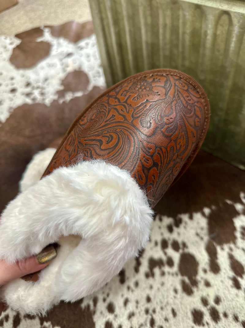 Brown Embossed Leather Slippers