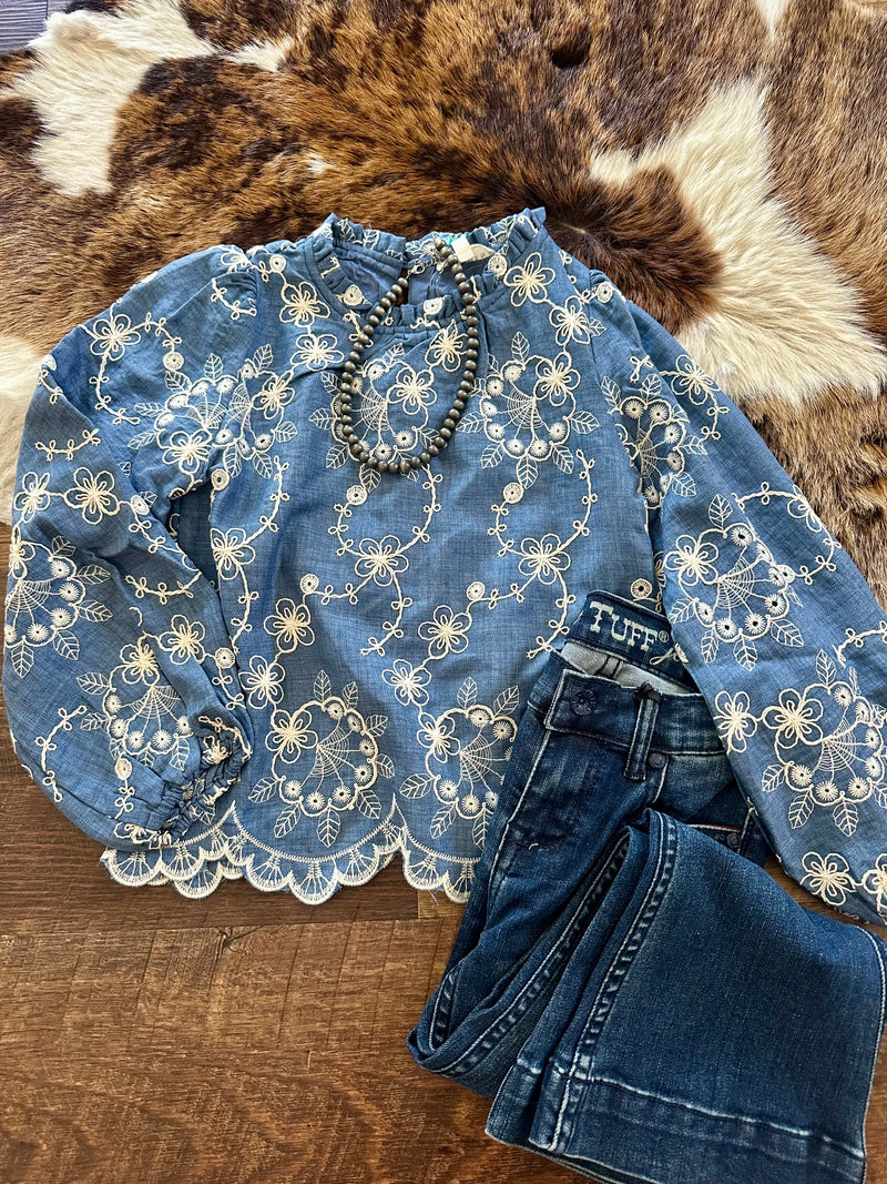 Girls Embroidered Denim Top