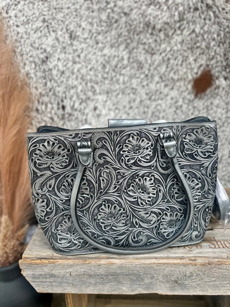 Silver Tooled Leather Tote