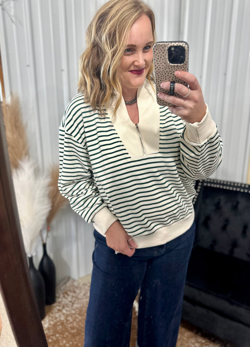 Green Striped Half Zip Sweatshirt