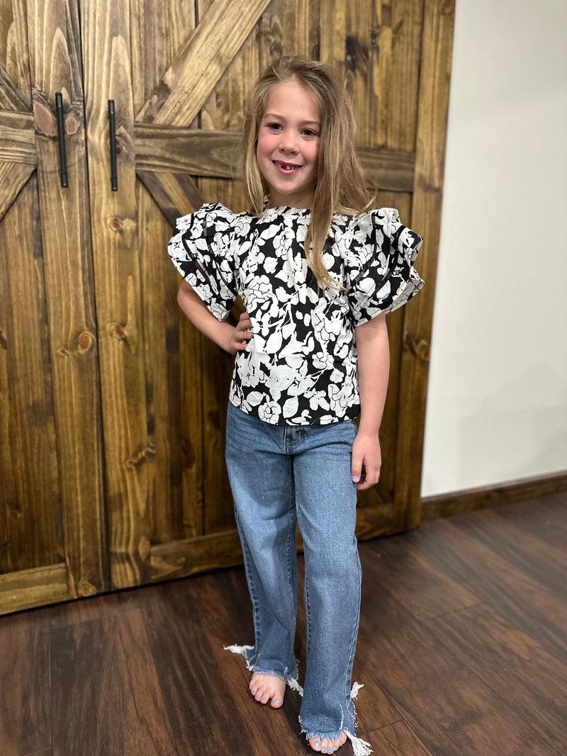 Girls Black Floral Ruffled Top