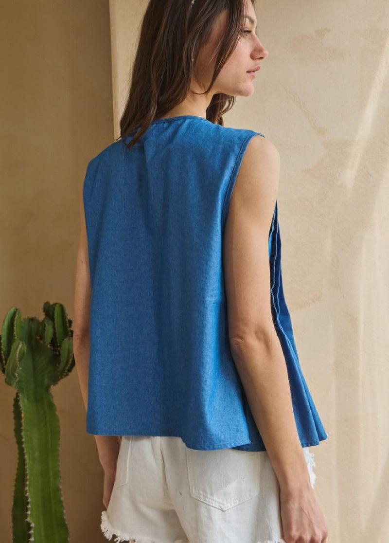 Denim Pleated Bow Tie Top
