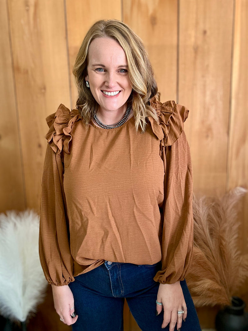 Camel Ruffle Shoulder Top