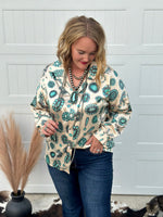 Turquoise Jewels Satin Button Down