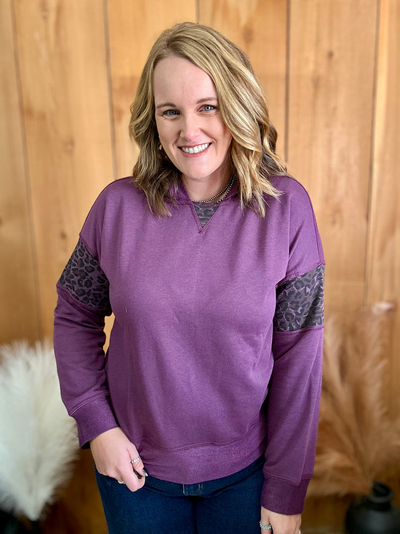 Plum Leopard Block Hooded Sweatshirt