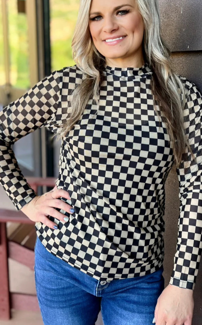 Black/Tan Check Mesh Top