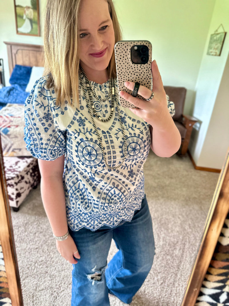 Blue Embroidered Scalloped Hem Top