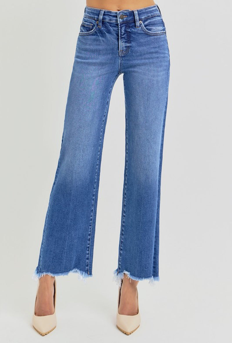 Risen High Rise Frayed Hem Straight Jeans