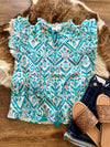 Teal Abstract Print V-Neck Top