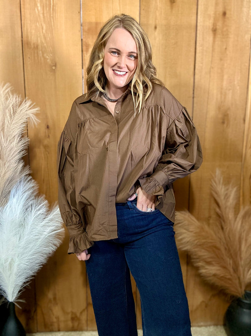 Brown Puff Sleeve Button Down Top