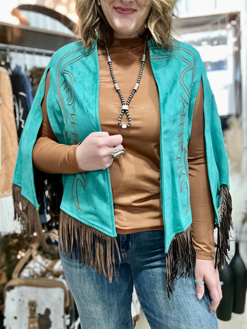 Teal Suede Boot Stitch Embroidered Cape