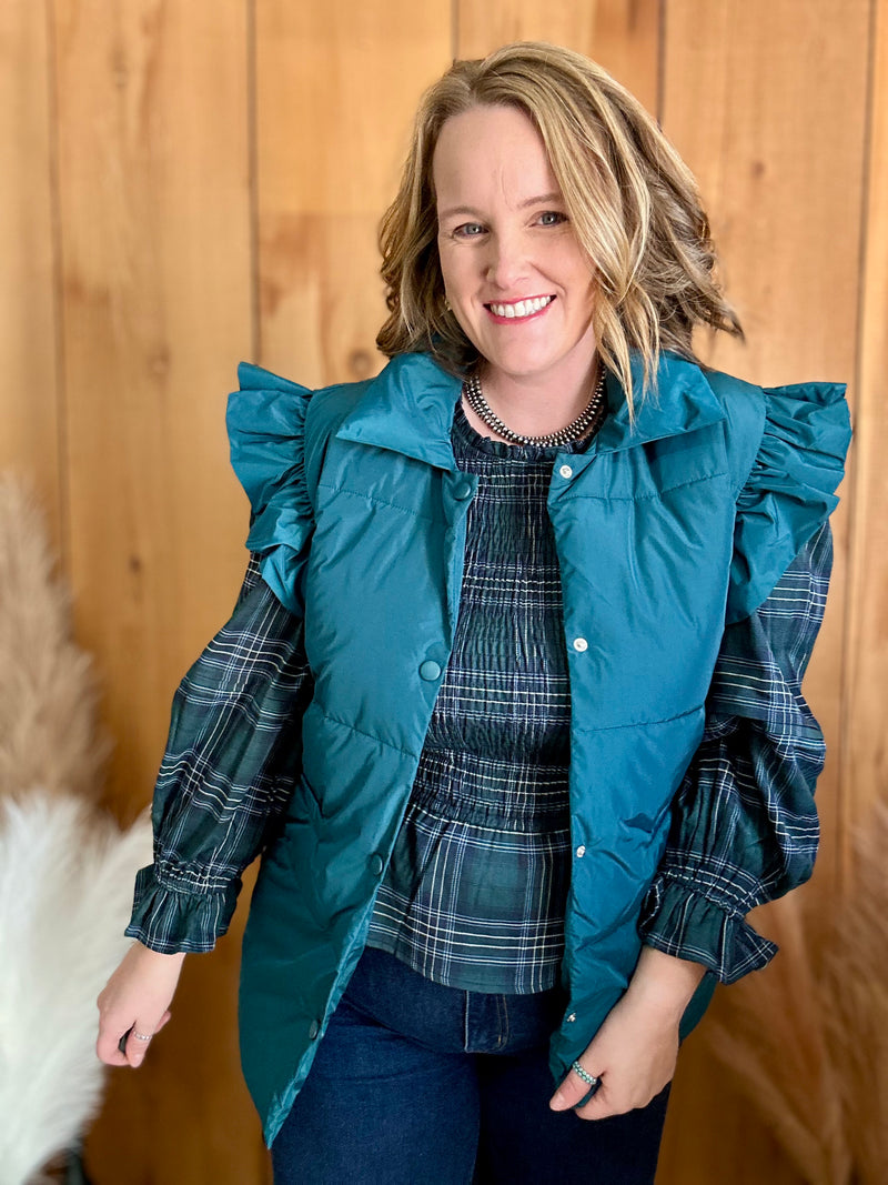 Teal Puffer Ruffle Shoulder Vest