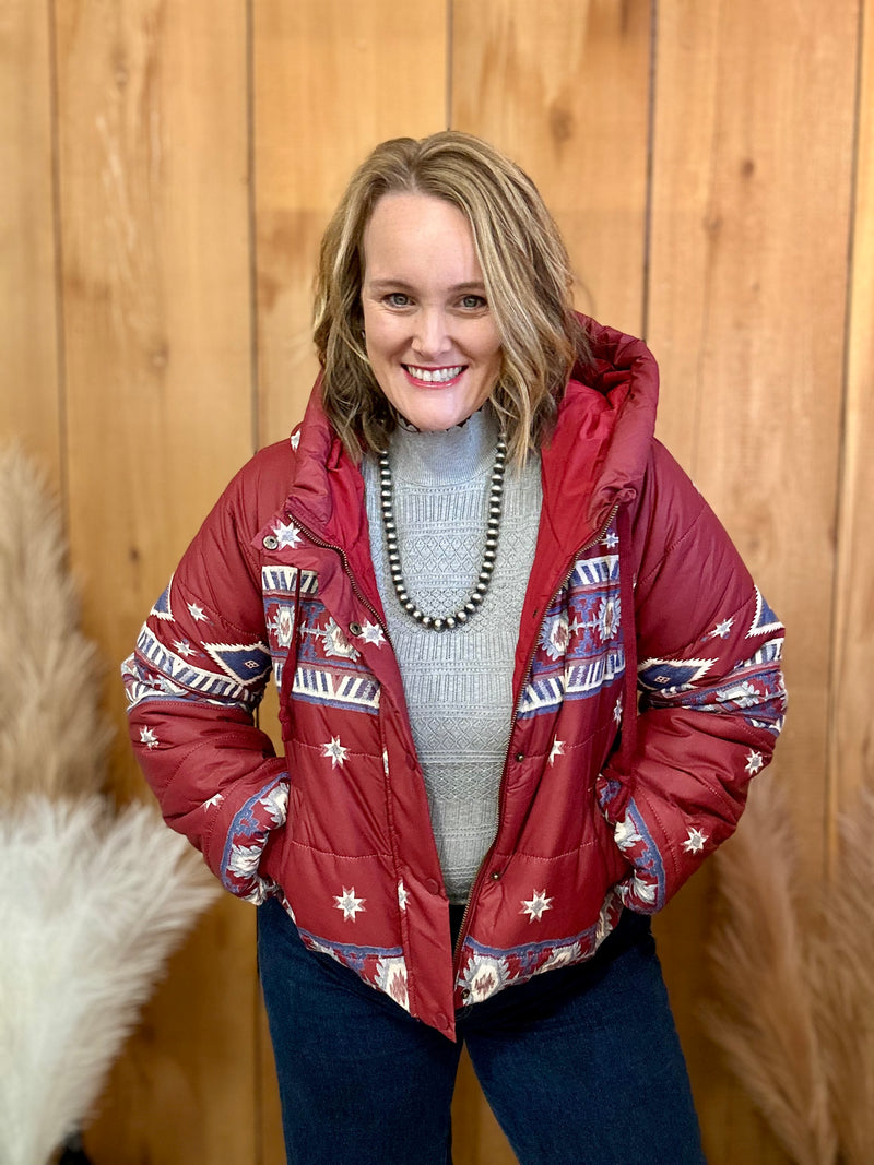 Aztec Puffer Hooded Jacket - Red