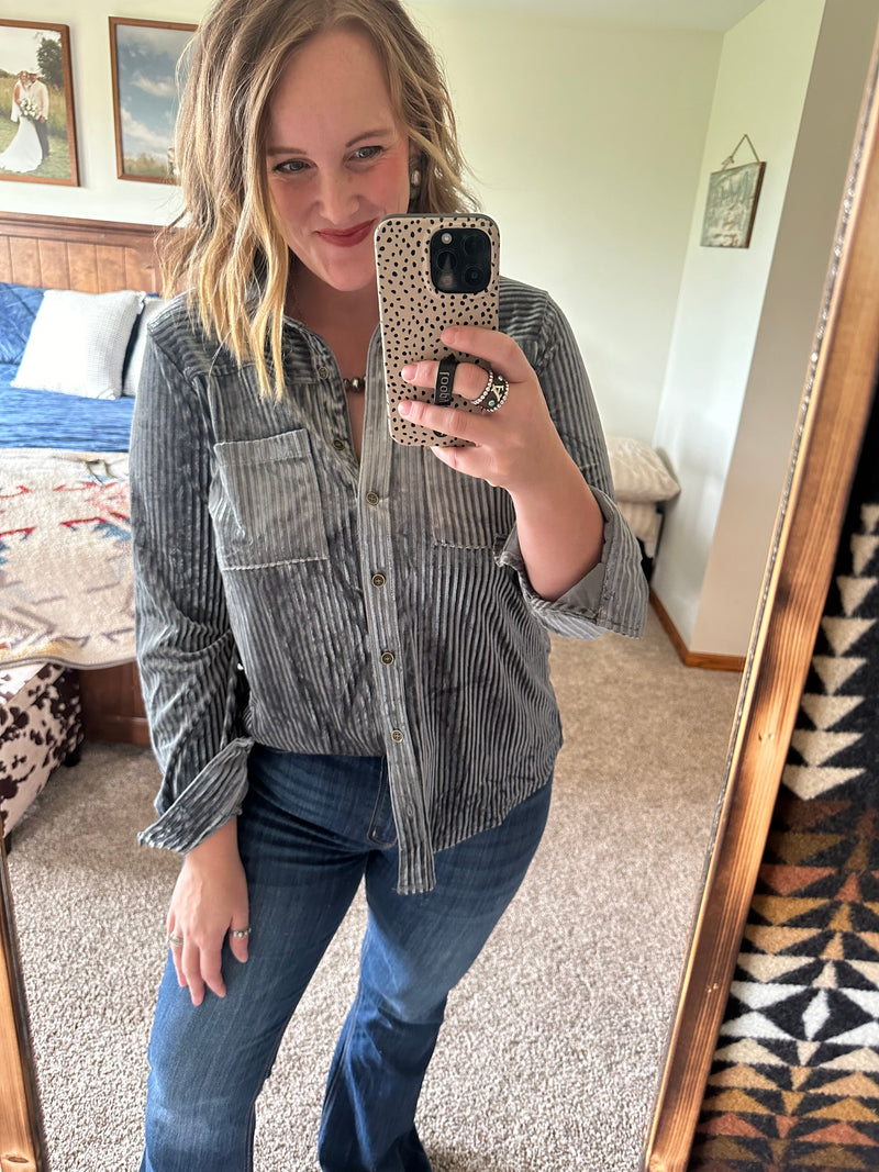 Velvet Button Down Top - Gunmetal