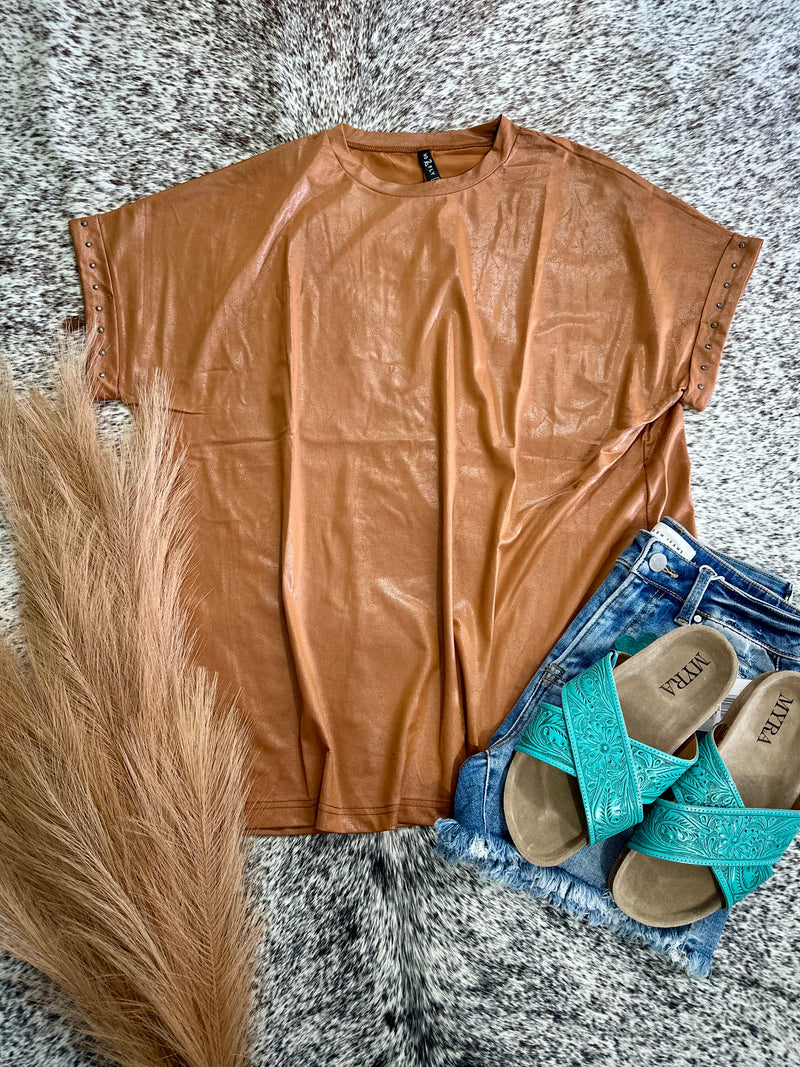 Leather Lux Stud Top - Saddle Brown