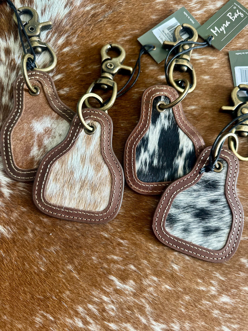 Cowhide / Stitched Leather Eartag Keychain
