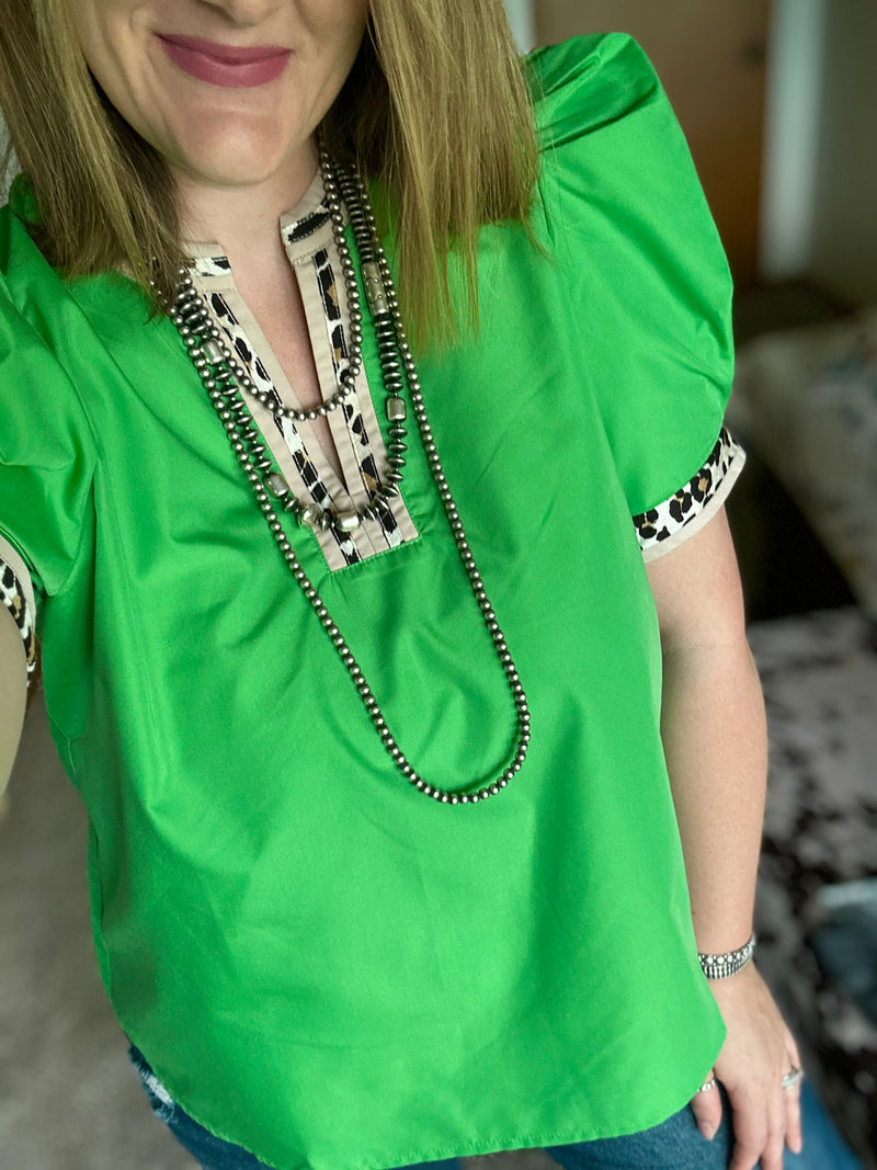 Kelly Green Leopard Trim Top
