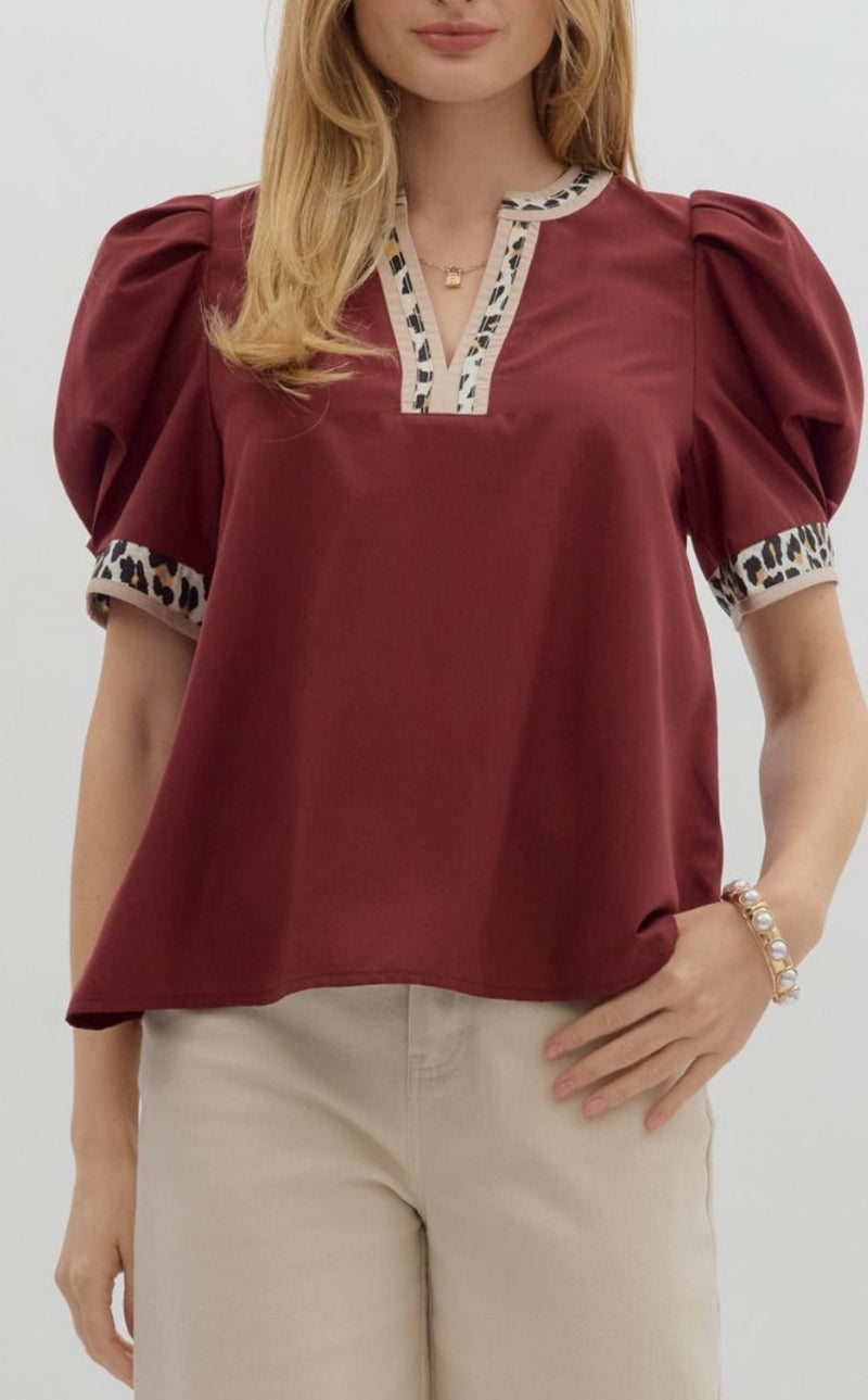 Leopard Trim Puff Sleeve Top - Merlot