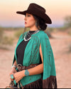Teal Suede Boot Stitch Embroidered Cape